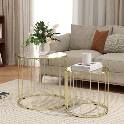 HOMCOM Set mit 2 modernen runden Nests of Tables mit Metallrahmen und gehärteter Glasplatte, goldener Ton