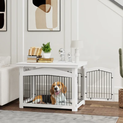 PawHut Hundekäfig 3-in-1 Beistelltisch Hundepark abnehmbares Tablett für mittelgroße Hunde 82,5 x 57,5 x 59,5 cm weiß