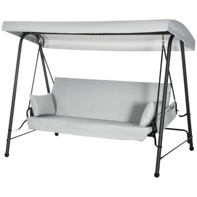 Outsunny Gartenliege 3-Sitzer, umbaubares Sonnenschutzdach, verstellbare Neigung, 2 Aufbewahrungstaschen, 236 x 138 x 185 cm, Grau