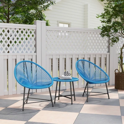 Outsunny Gartenmöbel-Set für den Außenbereich aus Kunststoffrattan für 2 Personen, gehärtete Glasplatte, für Balkon, Terrasse, Terrasse, Blau