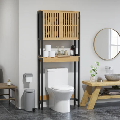 HOMCOM Toilettenregal Badezimmer über Toilette WC mit Schrank 2 Türen und offenem Regal Bambus