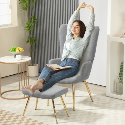 HOMCOM Set aus Relaxsessel mit Fußhocker, grauer Bouclé-Stoff und goldfarbene Metallbeine, hohe Rückenlehne, großer Komfort