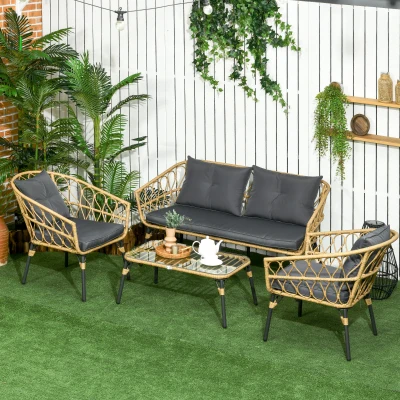 Outsunny 4-teiliges Gartensofa-Set 7 Kissen - Stahl und Kunstharz-Rattanimitation - Sand und Dunkelgrau