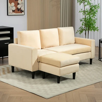 HOMCOM Modulares Ecksofa mit Hocker und 3 Kissen, Holzfüße, Samtstoff Beige