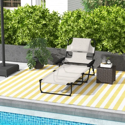 Outsunny Faltbare Gartenliege mit 4-fach verstellbarer Rückenlehne, Leseloch und Kopfkissen 72 x 194 x 89 cm creme