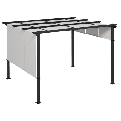 Outsunny Pergola mit 3 verschiebbaren Stoffen 3,5L x 3B x 2,35H m, Struktur aus verwitterungsbeständigem Epoxid-beschichtetem Schwarzem Metall, Stoff aus Polyester in Grau