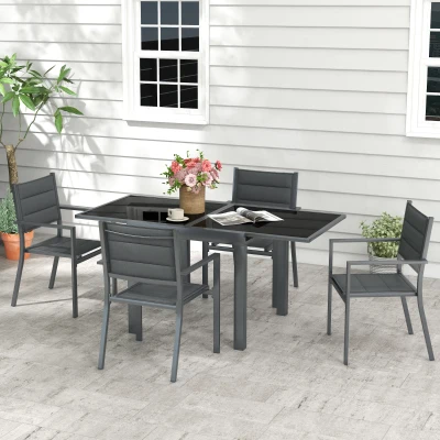 Outsunny Gartenmöbel-Set aus Aluminium und Textilene mit ausziehbarem Tisch und 4 stapelbaren Stühlen für 4 Personen Dunkelgrau
