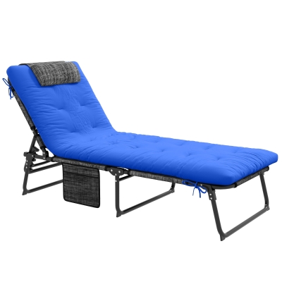Outsunny Zonneligstoel met 4-Standen Verstelbare Rugleuning, Kussen, Zijvak, Hoofdsteun, 68 x 189 x 30 cm, Blauw