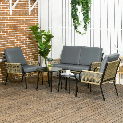 Outsunny Modulares Gartenmöbelset aus Polyrattan für 4 Personen, 5-teilig mit 1 2-Sitzer-Sofa, 2 Sesseln und 2 runden Kaffeetischen sand