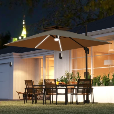 Outsunny 2.5m Cantilever Parasol with LED Lights Khaki