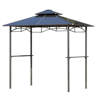 Outsunny Gartenpavillon 2,4 x 1,5 m - Grillabdeckung Steakhouse 2 Seitengestelle, Grilldach Aluminium-Metall Schwarz Polycarbonat-Dach