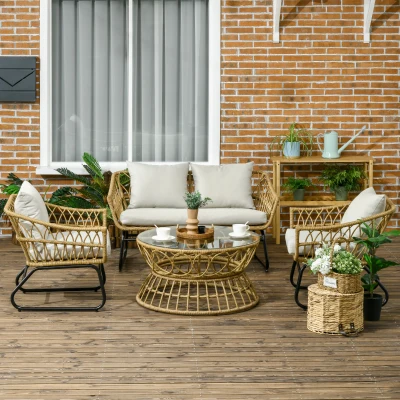 Outsunny Gartenmöbelset 4-teilig aus Polyrattan 2-Sitzer-Sofa + 2 Sessel + 1 Glastisch sand und creme