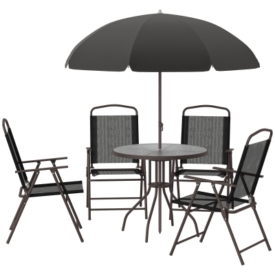 Outsunny Gartenmöbel-Set, 6-teilig - Runder Tisch + 4 klappbare Stühle + Sonnenschirm - Epoxidbeschichteter Stahl Kaffee Textilene Polyester Schwarz