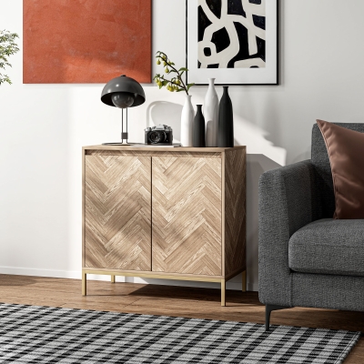 HOMCOM Aufbewahrungsschrank Buffet mit 2 Chevron-Türen, verstellbarem Regal und Stahlbeinen, Abm. 78 x 40 x 78 cm, Eiche