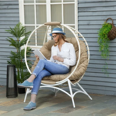 Outsunny Fauteuil cocon œuf aufklappbar 118 x 75 x 142 cm mit beige Kissen inklusive Metall Kunstharz Weiß und Beige