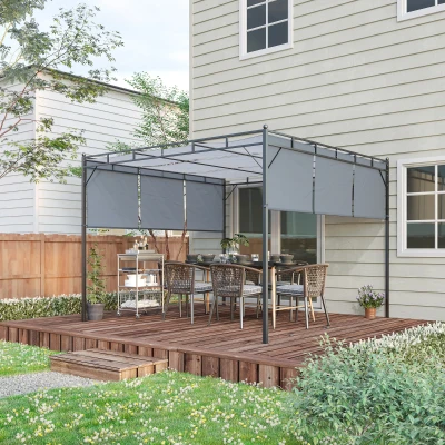 Outsunny Pergola mit 3 ausziehbaren Segeln 3L x 3B x 2,25H m Stahlkonstruktion - Dunkelgrau und Schwarz