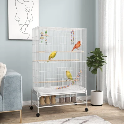 PawHut Gaiola para Pássaros com Rodas com 4 Comedouros 3 Poleiros Brinquedos Bandeja Amovível e Prateleira 79x49x133 cm Branco