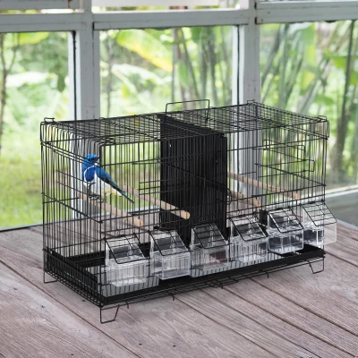 PawHut Gaiola para Pássaros com Divisória Ganchos Superiores Portas Comedouros Poleiros e Bandeja Amovível 59,5x26,5x39,5 cm Preto