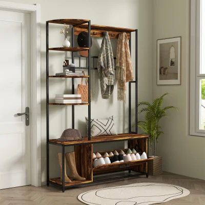 HOMCOM Móvel Cabide de Entrada com Sapateira Móvel de Entrada com Banco Prateleiras e Ganchos  120x35x180 cm Marrom Escuro