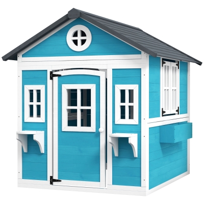 Outsunny Kinderspielhaus, Holz-Spielhaus für Kinder, Outdoor-Gartenspielhaus mit Fenstern, Blumentöpfe, 3-8 Jahre, Blau