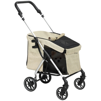 PawHut Carrinho para Cães Dobrável com Correia de Segurança Almofada Lavável e Janelas 80x48,5x106 cm Cáqui