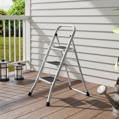 HOMCOM Escada Dobrável de 3 Degraus  Carga até 150 kg com Pedal Antiderrapante Fácil de Guardar e Transportar 71x46,5x105,3 cm Branco