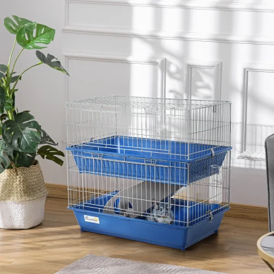 PawHut Kleintierkäfig mit 2 Ebenen und Zubehör 72 cm x 44 cm x 67 cm Blau + Grau + Silber