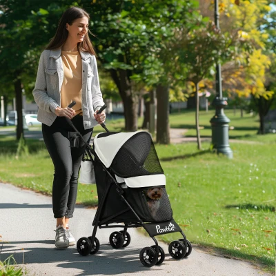 PawHut Carrinho para Cães Pequenos com Estrutura Compacta Carrinho Dobrável com Colchão Lavável Suporte para Copos 76x44x103 cm Creme