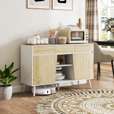 HOMCOM Aparador de Sala de Estar com 3 Gavetas Prateleiras Móvel para TV para Dormitório Sala de Estar 120x39x77 cm Branco e Madeira