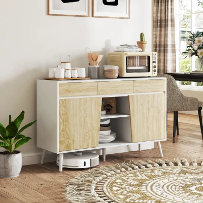 HOMCOM Aparador de Sala de Estar com 3 Gavetas Prateleiras Móvel para TV para Dormitório Sala de Estar 120x39x77 cm Branco e Madeira