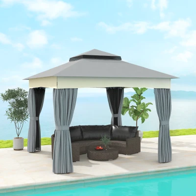 Outsunny Pavillon 3x3m Double Toit Métal Gris Résistant Eau