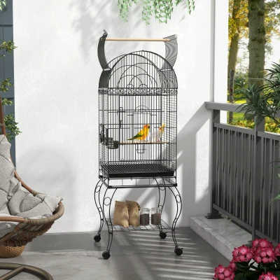 PawHut Gaiola para Pássaros com Rodas Bandeja Amovível Prateleira 2 Comedouros de Aço Inoxidável e Poleiro 51x51x153 cm Preto