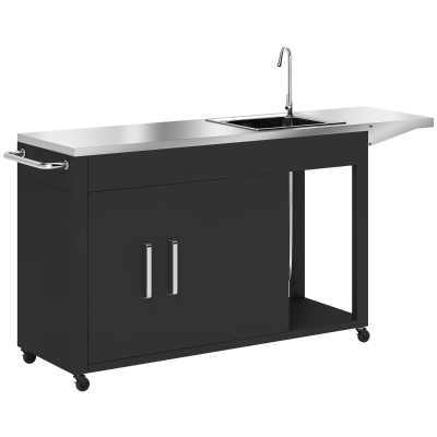 Outsunny Wózek Grillowy z Blatem Roboczym, Składaną Półką, Szafką, Zlewem i Kołami, Stal 162,5x47x87cm Czarny