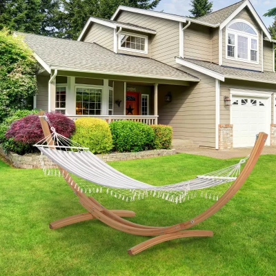 Outsunny Cama Rede de Jardim 200x100 cm Rede Suspensa com Travessas de Madeira para Pátio Varanda Campismo Creme e Cinza
