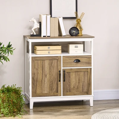 HOMCOM Aparador de Salón Armario Almacenaje de Madera con 2 Puertas Cajón y Estante Ajustable 76,6x35x81,5 cm Blanco y Marrón