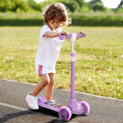 AIYAPLAY Kids 3 Wheel Scooter Adjustable Height LED Purple