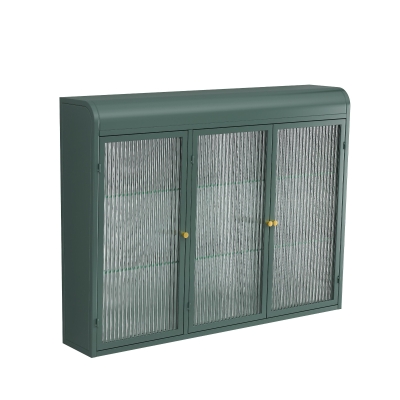 Armadio a Muro a 3 Ante in Vetro con Design Curvo, Spazio di Archiviazione Versatile，per Soggiorno e Bagno, 90×20×70 cm,  Verde scuro
