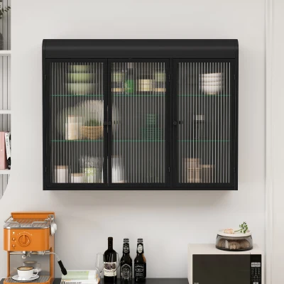 Armadio a Muro a 3 Ante in Vetro con Design Curvo, Nero