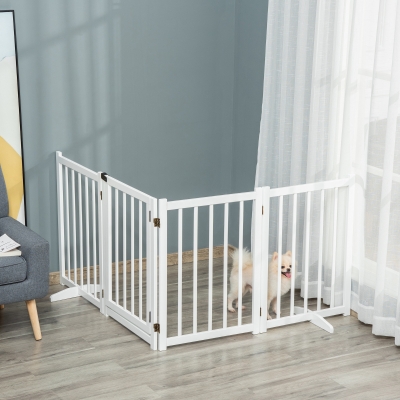 PawHut Barreira para Cães Dobrável Barreira para Cães Pequenos e Médios de 4 Painéis com Porta para Escadas e Corredores 237,5x36x80 cm Branco