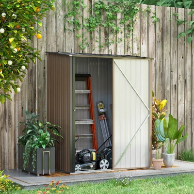Outsunny Abrigo de Jardim 1,34m² 161,5x94,5x196cm Abrigo de Exterior de Aço Galvanizado com Porta e Fechadura para Armazenamento de Ferramentas Marrom