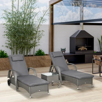 Outsunny Sonnenliege Gartenliege Tisch 3er-Set Gartenmöbel, Polyrattan+Metall Grau+Dunkelgrau