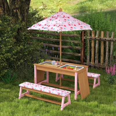 AIYAPLAY Kids Picnic Table Set with Umbrella & Storage Pink