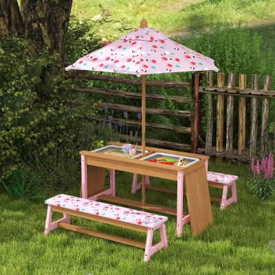AIYAPLAY Kids Picnic Table Set with Umbrella & Storage Pink