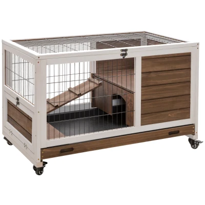 PawHut Conigliera in Legno con 4 Ruote, Casetta per Conigli e Rampa, 90x53x59cm, Marrone