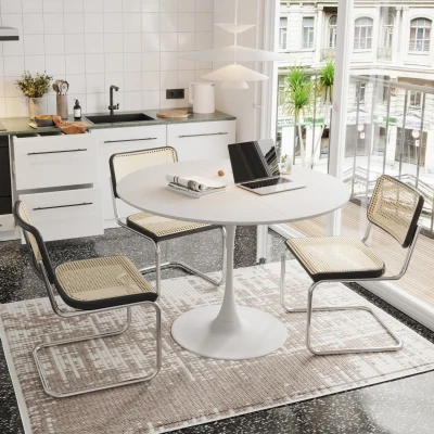 Moderner Runder Esstisch, Vier Patchwork-Tischplatten, Metallbasis, 120×120×75 cm, Weiß