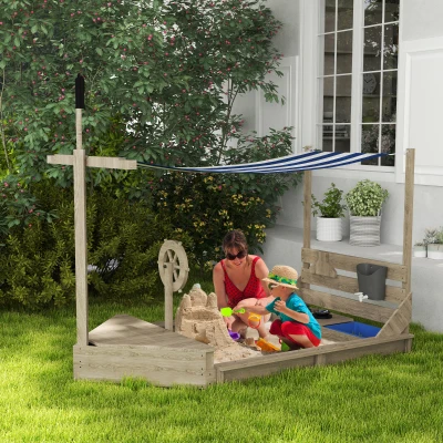 Outsunny Piaskownica Piracki Statek z Daszkiem i Zestawem Kuchennym dla Dzieci, Drewno, 180 x 103 x 144,5 cm, Szara