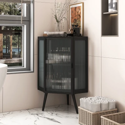 Eckschrank mit Glastür, Verstellbarem Regal und Modernem Design für Badezimmer, Wohnzimmer, Schlafzimmer, 56,5×42,5×80 cm, Schwarz