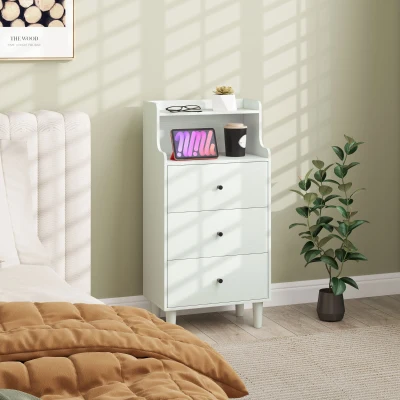 HOMCOM Cómoda com 3 Gavetas Cómoda de Quarto Estreita com Prateleiras Abertas Anti-Tombo Gaveteiro Alto 47x29x95 cm Branco Acinzentado