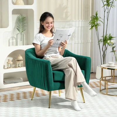 HOMCOM Velvet Tub Chair Green with Golden Metal Legs