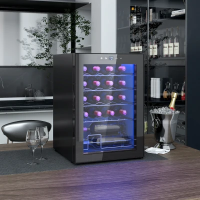HOMCOM Kleiner Weinkühlschrank, Mini-Kühlschrank für 20 Flaschen, 53 Liter Kapazität, mit Glastür, LED-Beleuchtung, Schwarz